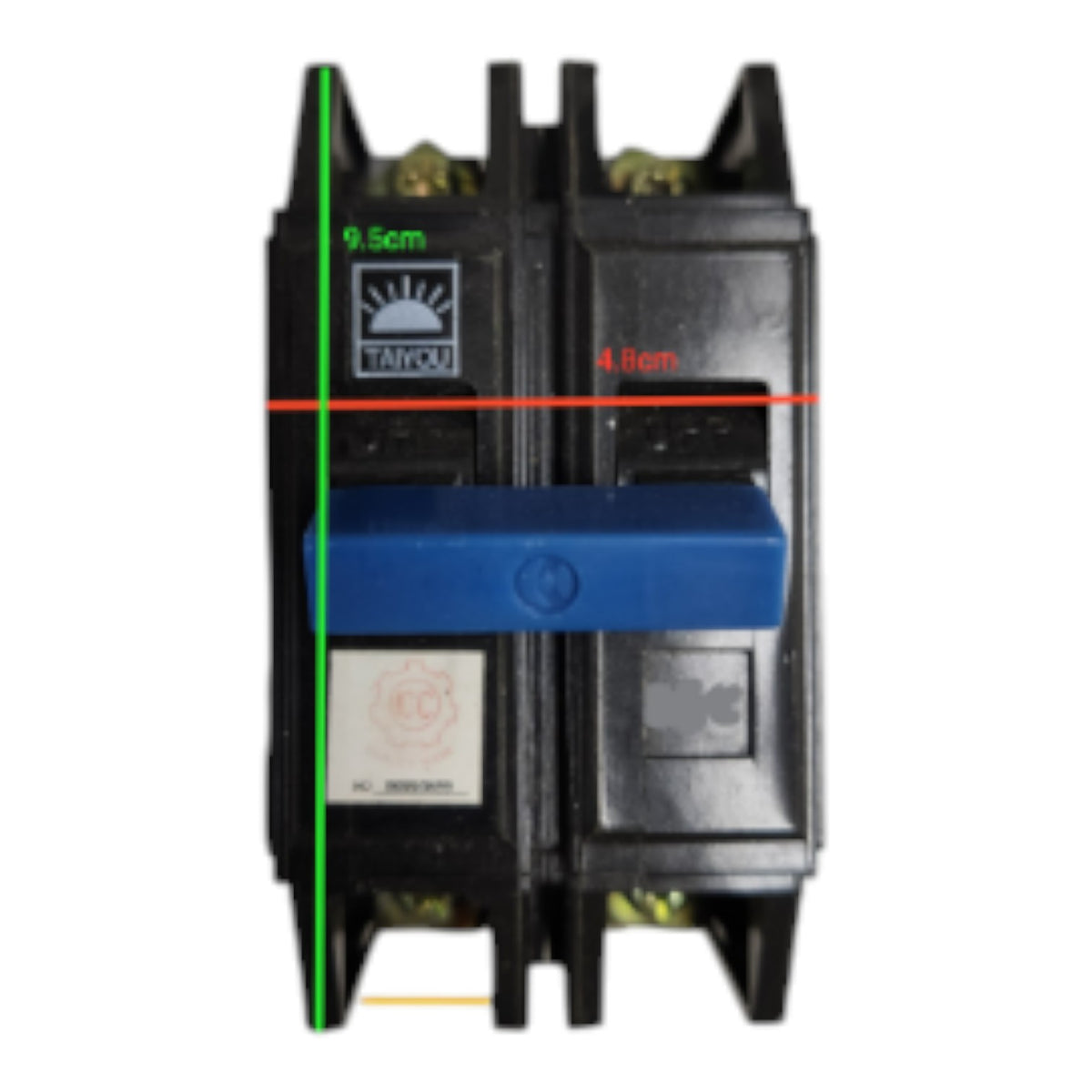 A black electrical contactor or relay component with a blue handle, shown on a white background with green and red measurement lines and text indicating dimensions.