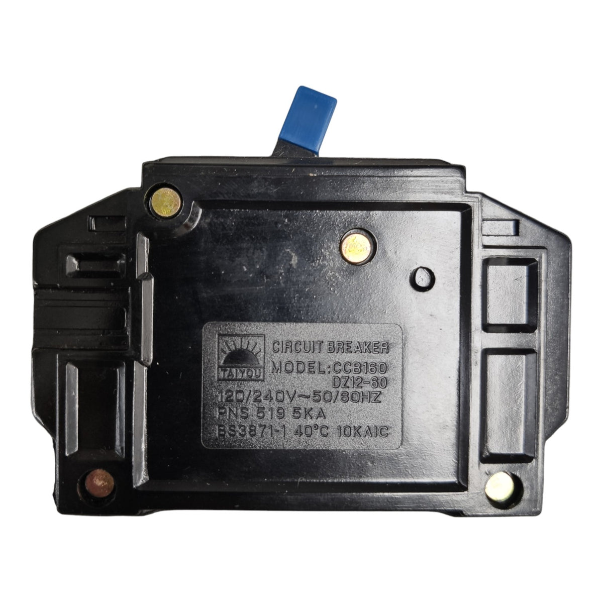 A black plastic circuit breaker housing with a blue terminal tab on top, featuring a central label with technical specifications and a visible 'Midea' logo.