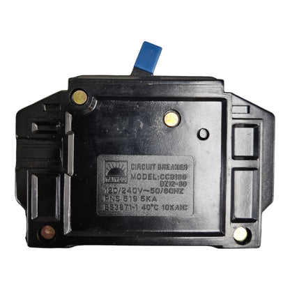 A black plastic circuit breaker housing with a blue terminal tab on top, featuring a central label with technical specifications and a visible 'Midea' logo.