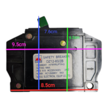A black electrical safety breaker with overlaid dimension lines and measurements in centimeters (7.6cm, 9.