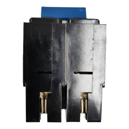 A close-up of a black electrical switch component with a blue top cover and gold metal contacts, shown against a plain white background.