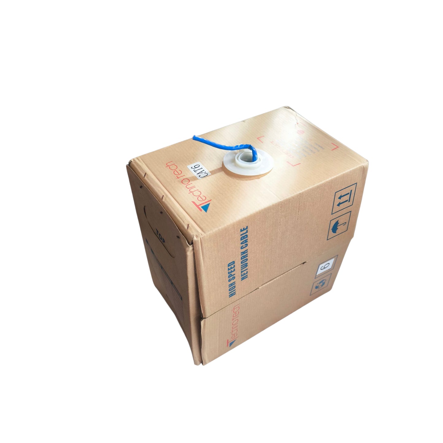 Cardboard box with a network cable attached on a white background