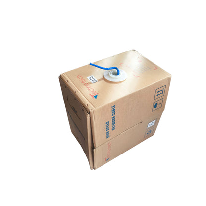 Cardboard box with a network cable attached on a white background