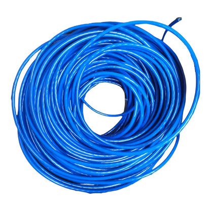 A coiled bundle of bright blue cable or wire on a plain white background.