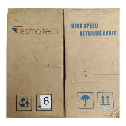 Two brown cardboard boxes for Techno tech high speed network cable, featuring blue shipping and handling icons and the Techno tech brand logo.