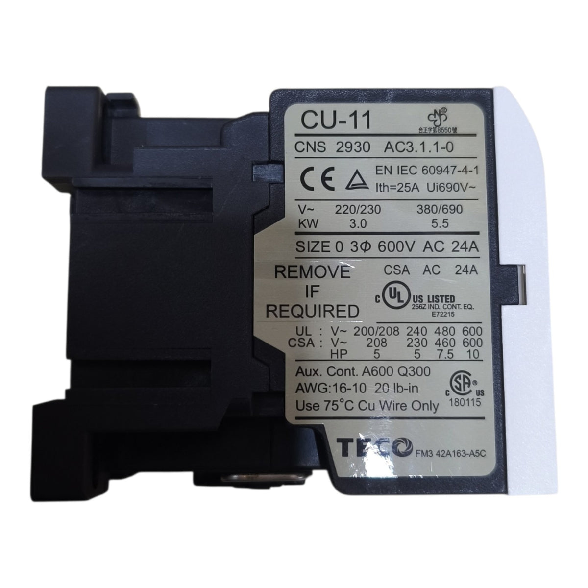 A TDK CU-11 AC contactor relay component with a black plastic housing, a white terminal cover on the right, and a large white specification label on the front face.