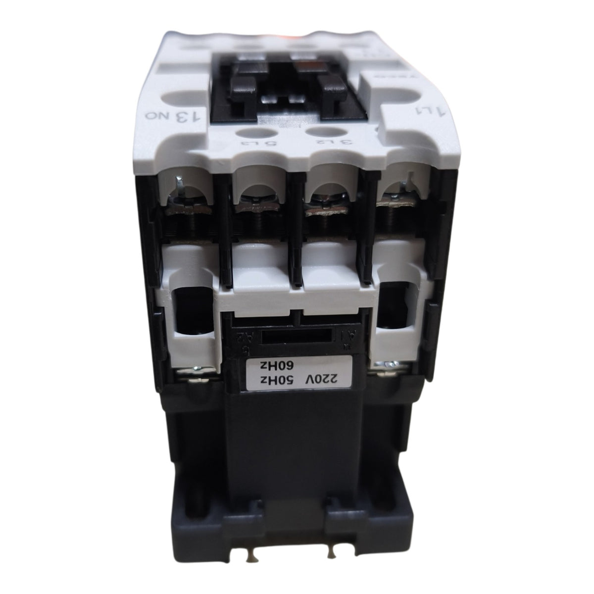 A three-phase contactor relay with a black plastic body and white terminal blocks, featuring a label that reads '220V 50Hz 60Hz'.