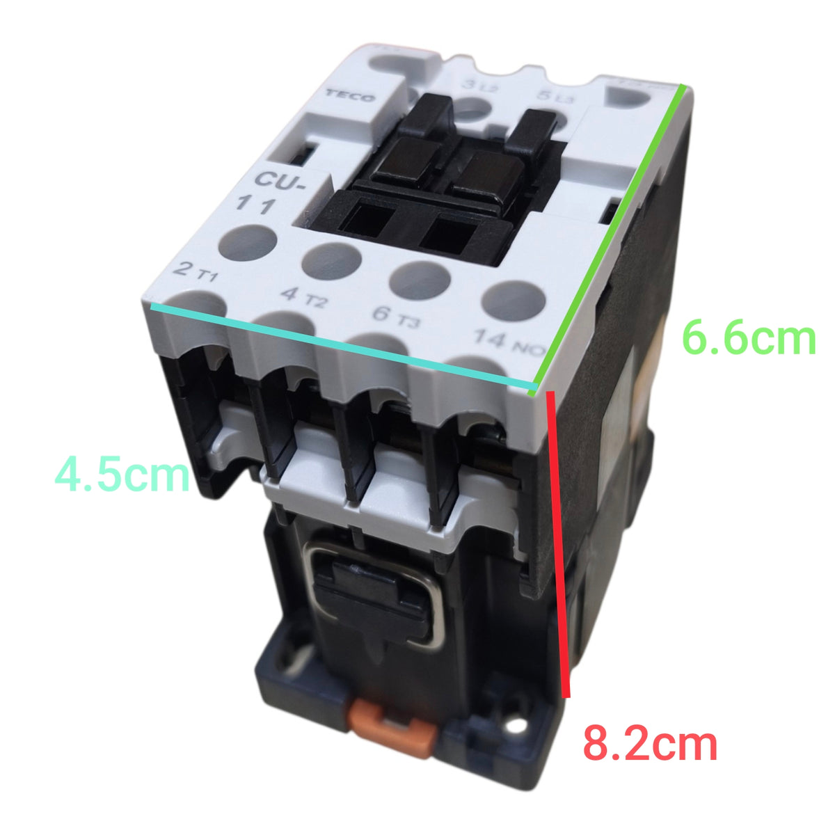 A black and white contactor relay shown on a white background with green, cyan, red, and black dimension lines and text indicating measurements of 6.6cm, 4.
