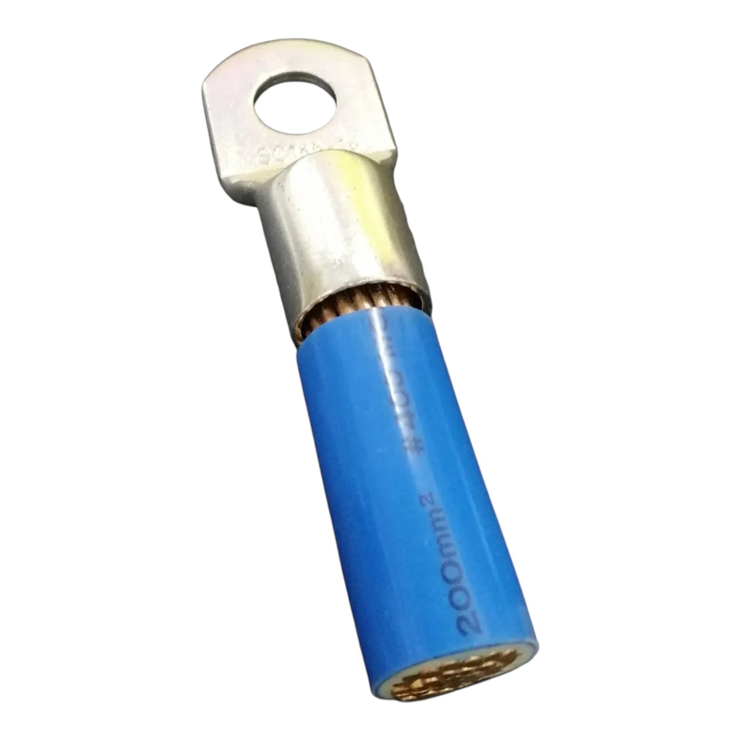 Blue electrical connector with metallic end on a white background