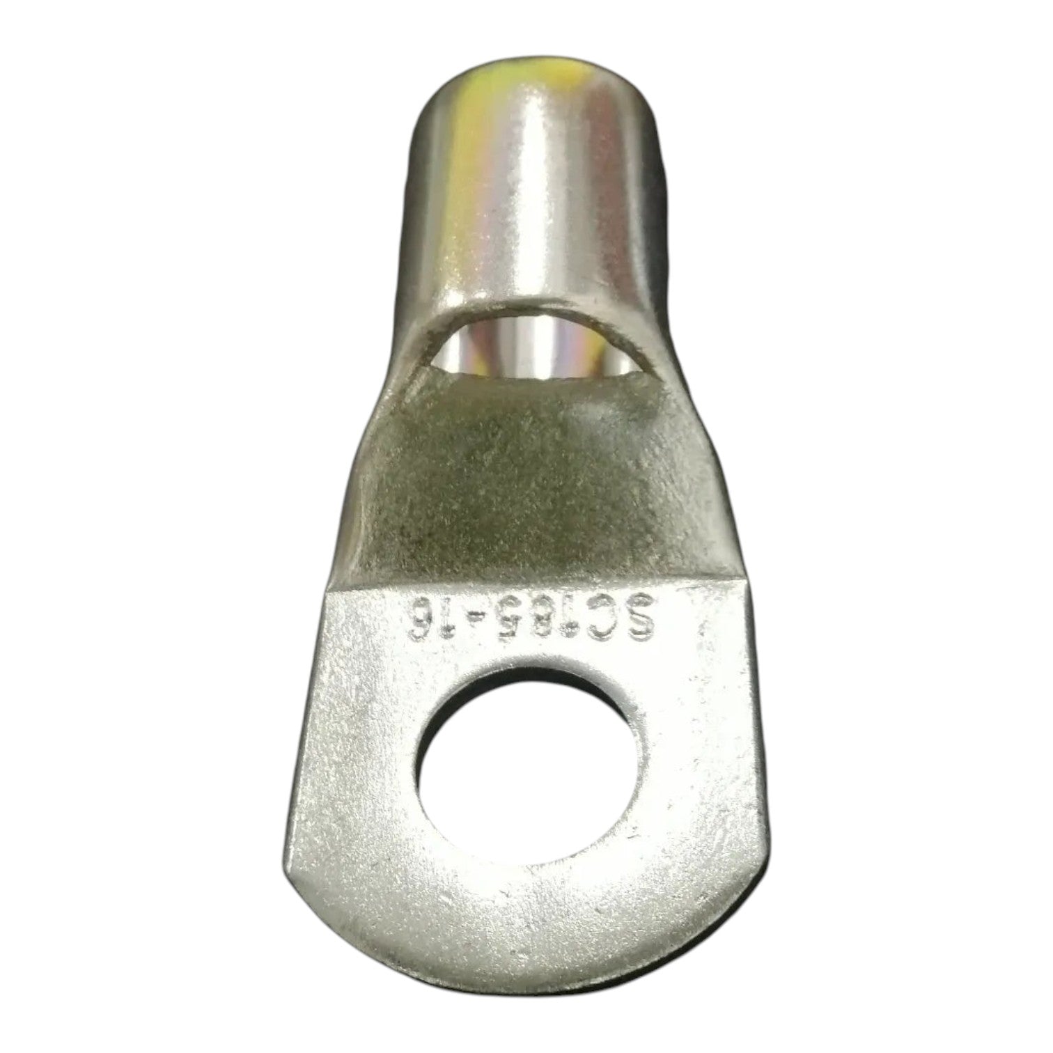 Metal terminal with a hole on a white background