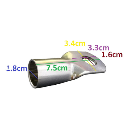 Metallic exhaust tip with measurements on a white background