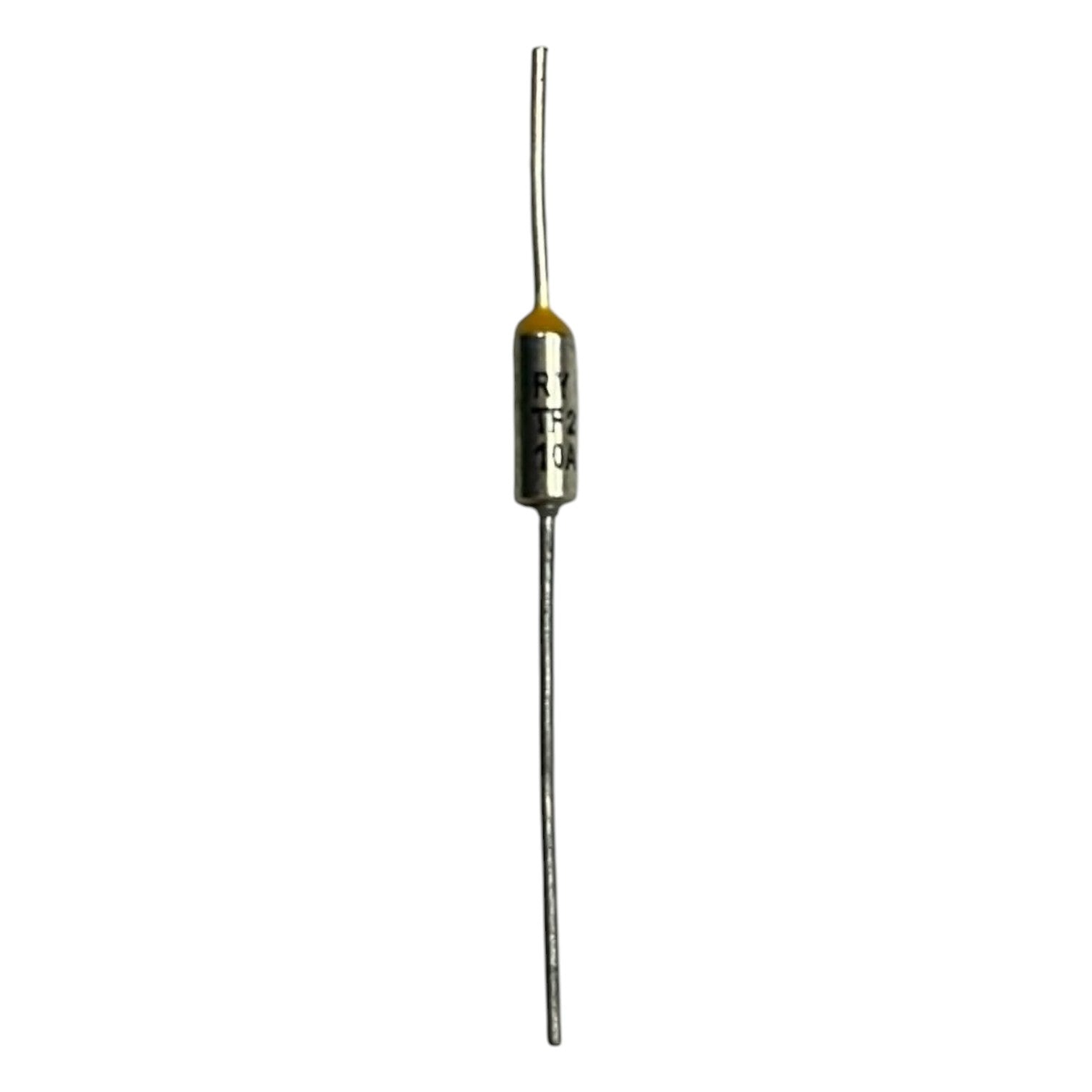 Thermistor with metallic leads on a white background