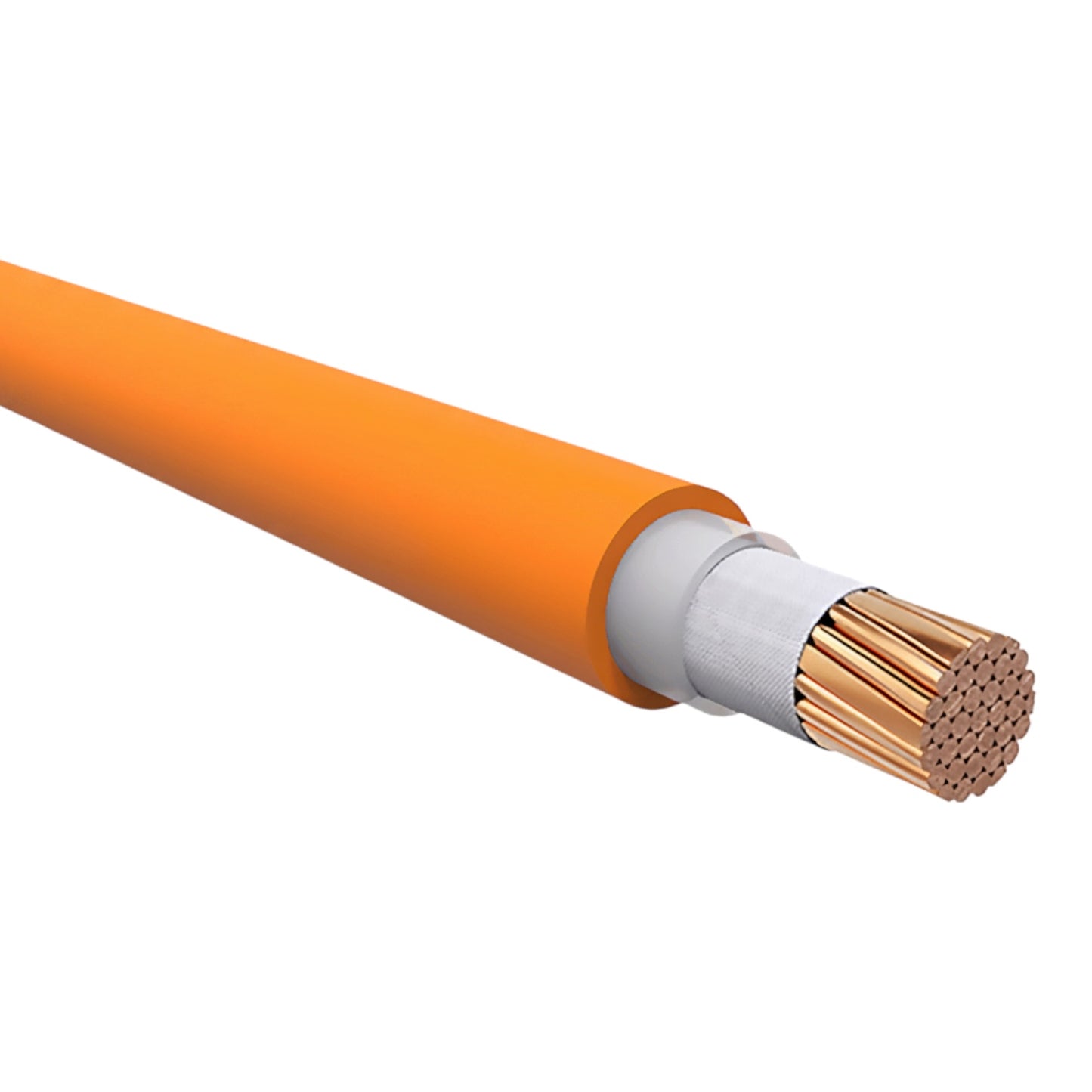 An orange industrial cable with a cutaway end showing copper-colored conductors and a white inner sheath, isolated on a white background.
