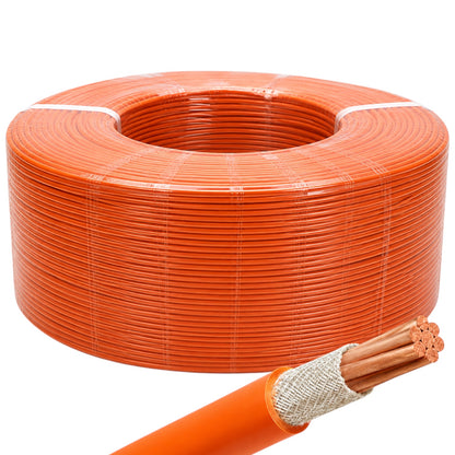 A large spool of bright orange electrical cable with a close-up inset showing the cable's cross-section, including the copper conductors and white insulation.