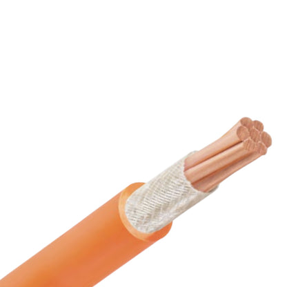 An orange industrial cable with its outer jacket peeled back to show the copper-colored conductors and a white mesh protective wrap, isolated on a white background.