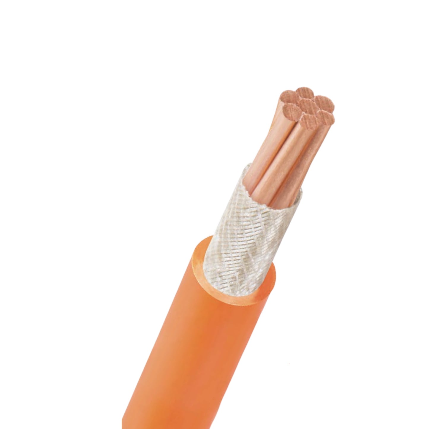 An orange industrial cable with a multi-core copper wire inner conductor exposed, wrapped in a silver metallic mesh, on a solid white background.