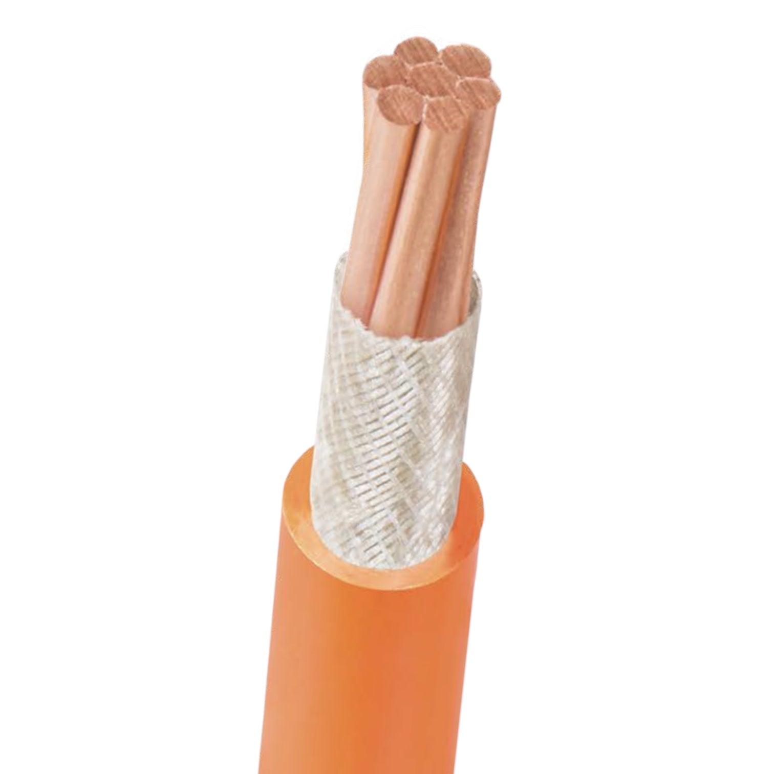 A close-up of an orange electrical cable showing the inner copper wires and a white mesh protective wrap, isolated on a white background.