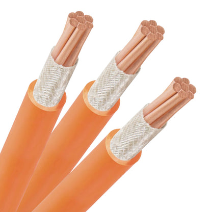 Three orange electrical cables shown close-up on a white background, with the outer sheathing removed to reveal copper-colored conductors wrapped in a white mesh protective layer.