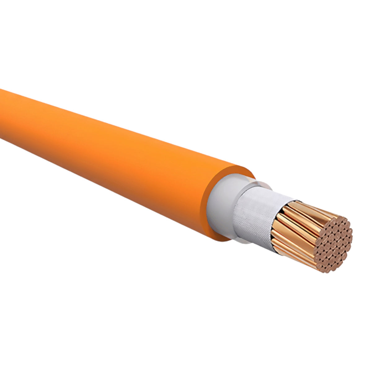 An orange industrial cable with a cutaway end showing copper-colored conductors and a white inner sheath, isolated on a white background.