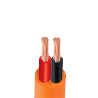 An orange electrical cable showing two exposed inner wires, one red and one black, with copper-colored strands visible at the tips, isolated on a white background.