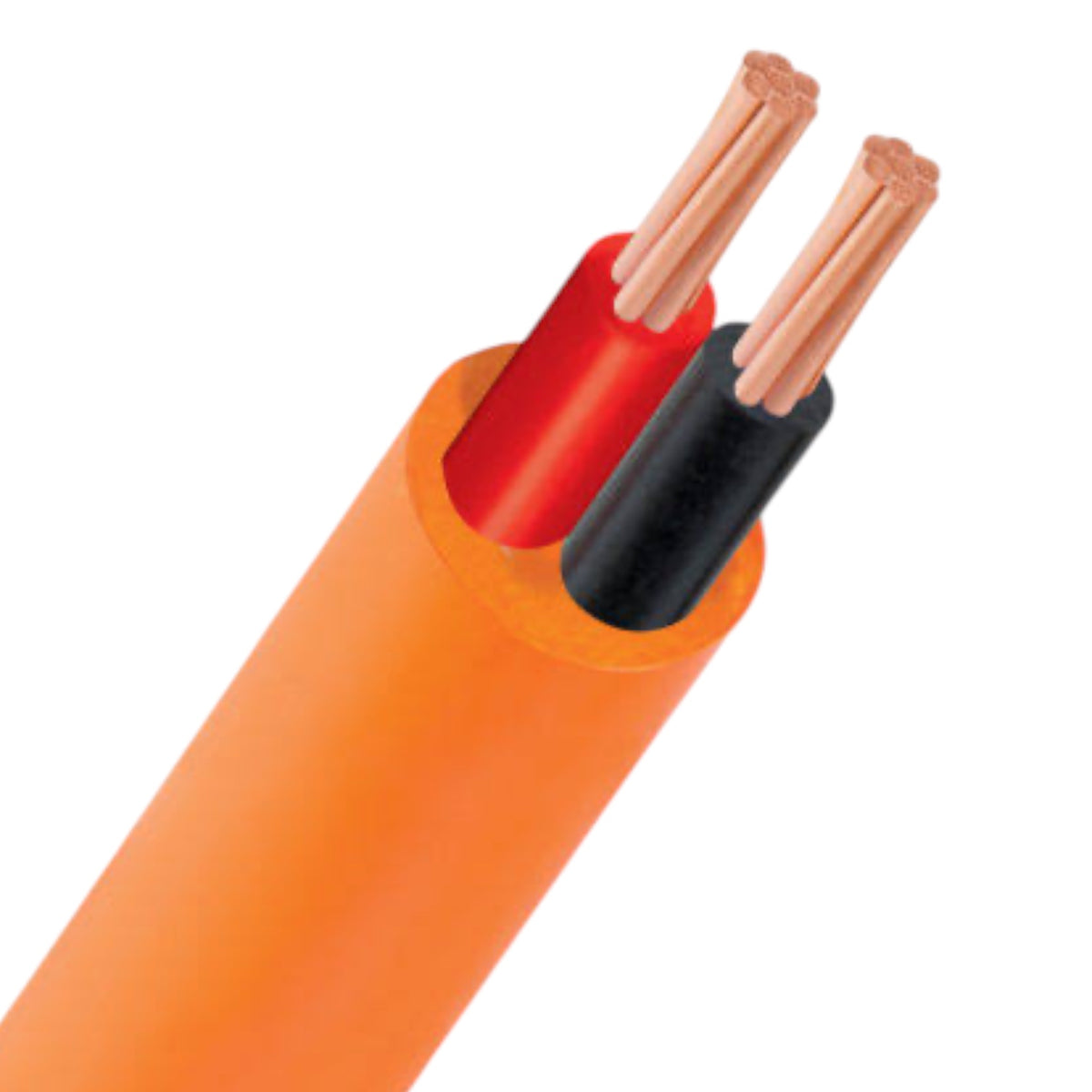 An orange electrical cable shown in a cross-section view, revealing two inner wires in red and black insulation with copper-colored strands exposed, on a plain white background.