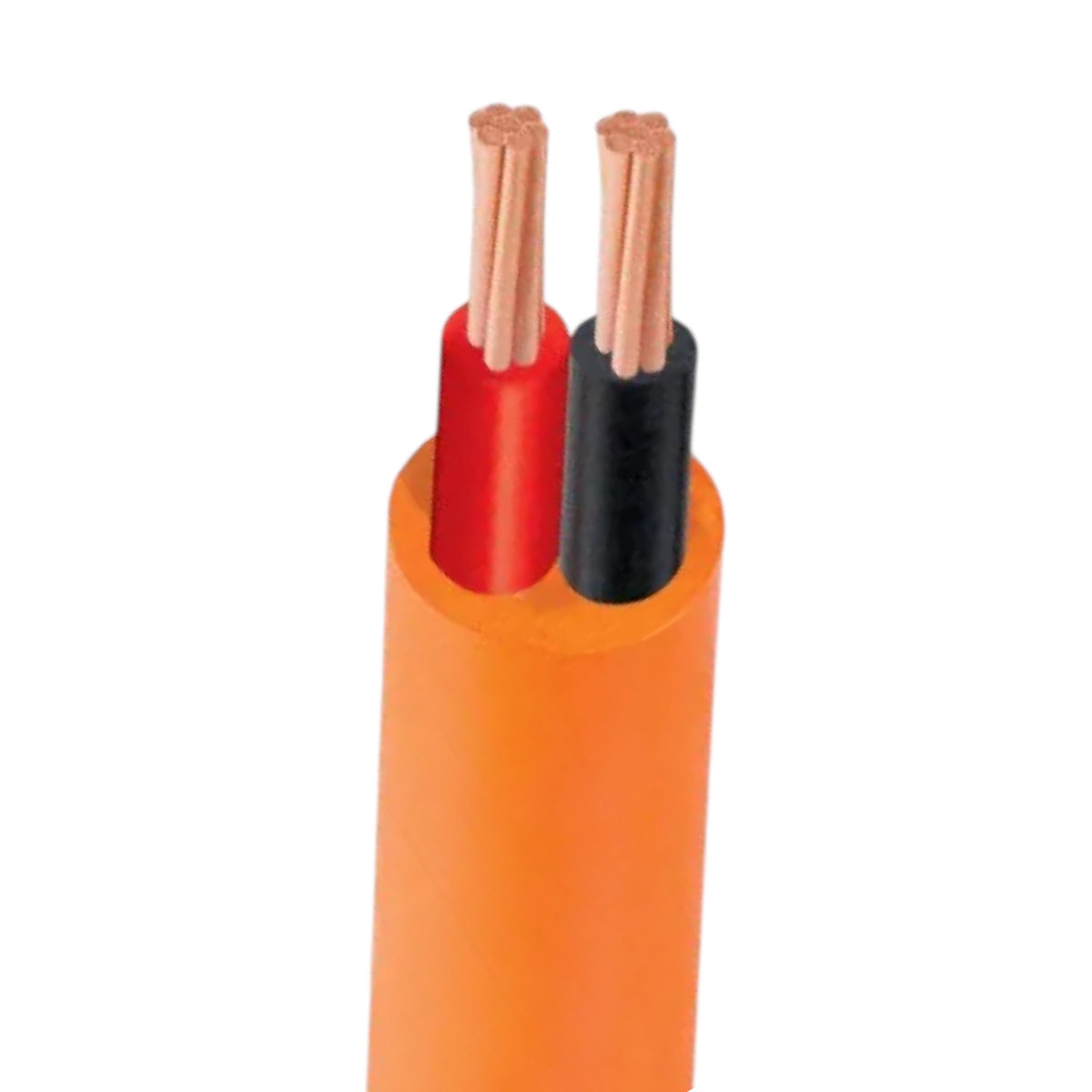 An orange electrical cable with two exposed inner wires, one red and one black, showing the copper-colored strands inside, isolated on a white background.