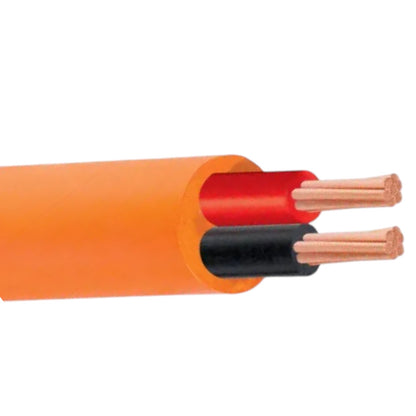 An orange electrical cable with a double-core design, showing the outer orange sheath, inner red and black sheaths, and exposed copper-colored wire strands.