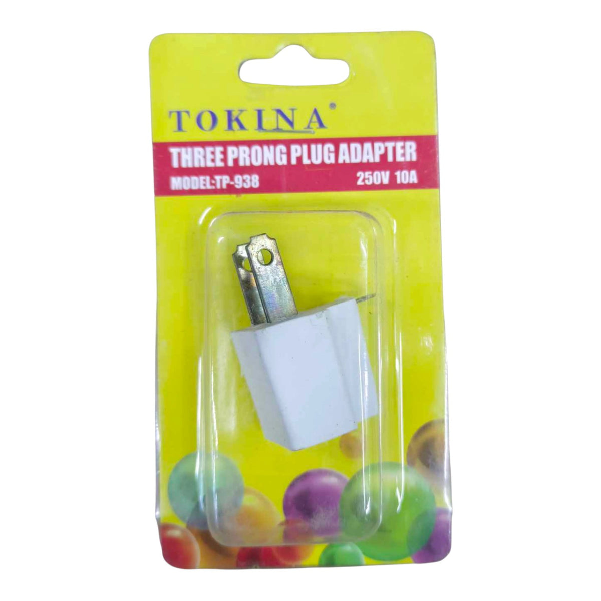 A Tokina three-prong plug adapter in its original yellow retail blister packaging, showing the white adapter inside.
