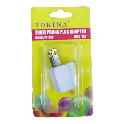 A Tokina three-prong plug adapter in its original yellow retail blister packaging, showing the white adapter inside.