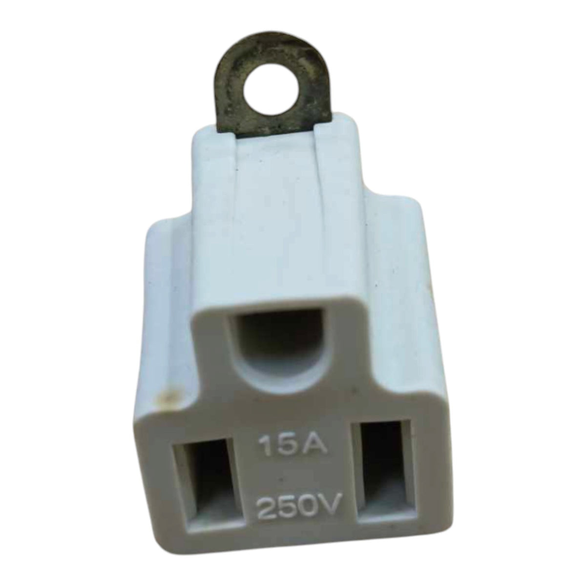 A small white plastic electrical outlet adapter with a metal grounding loop at the top and '15A 250V' printed on the front, isolated on a white background.