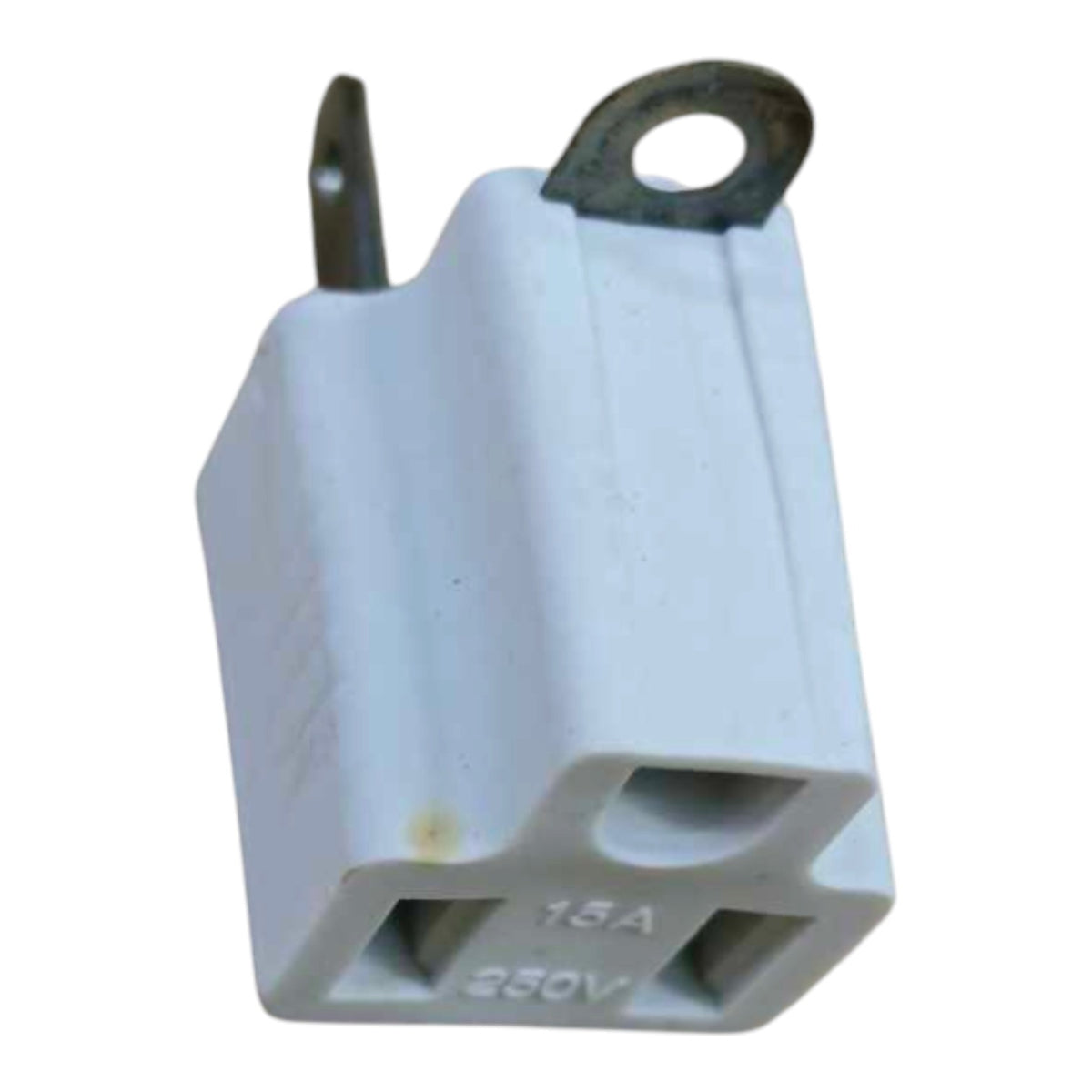 A white plastic electrical outlet component with metal terminals, showing '15A 250V' markings on a plain white background.