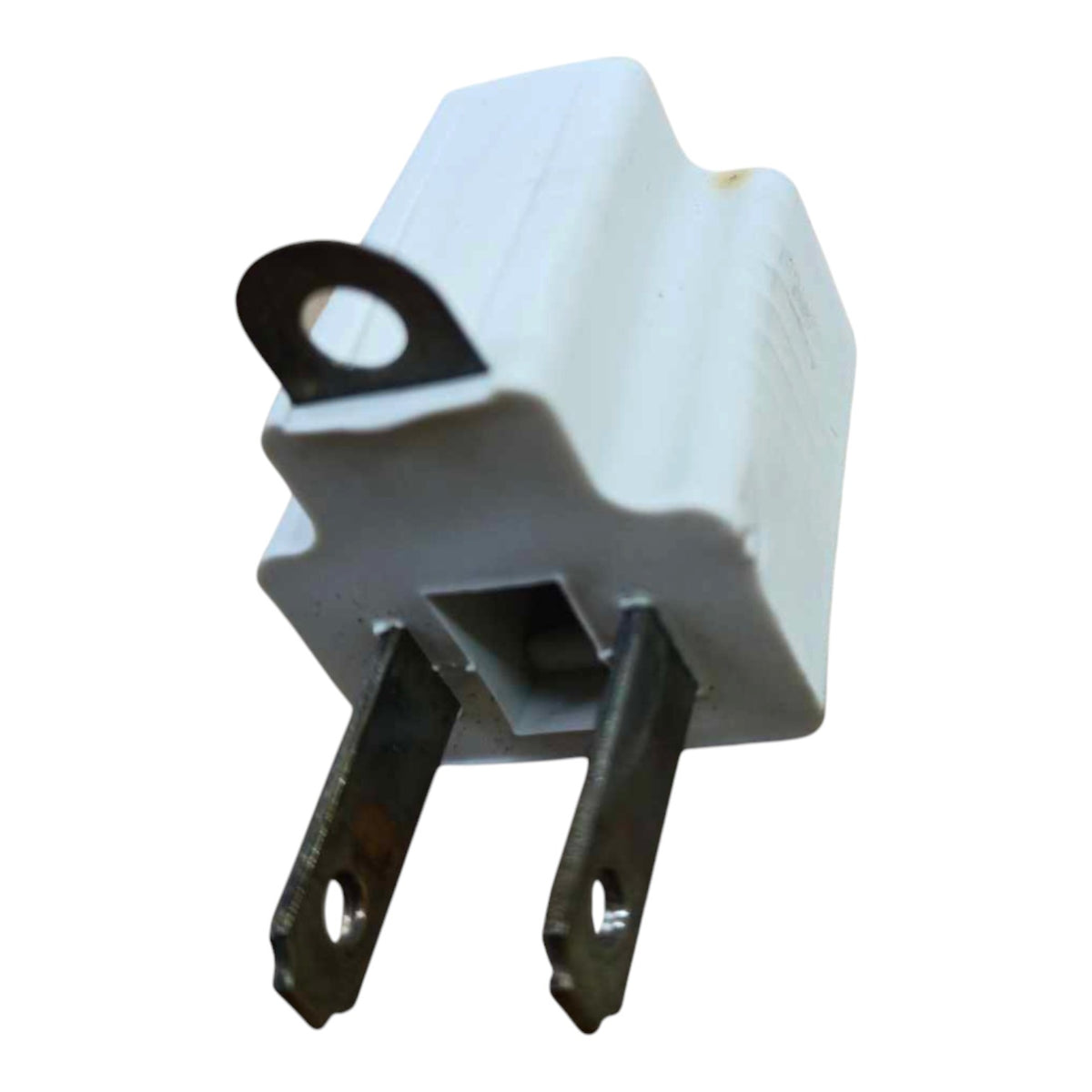 A white plastic electrical relay component with two metal screw terminals and a black terminal loop, isolated on a white background.