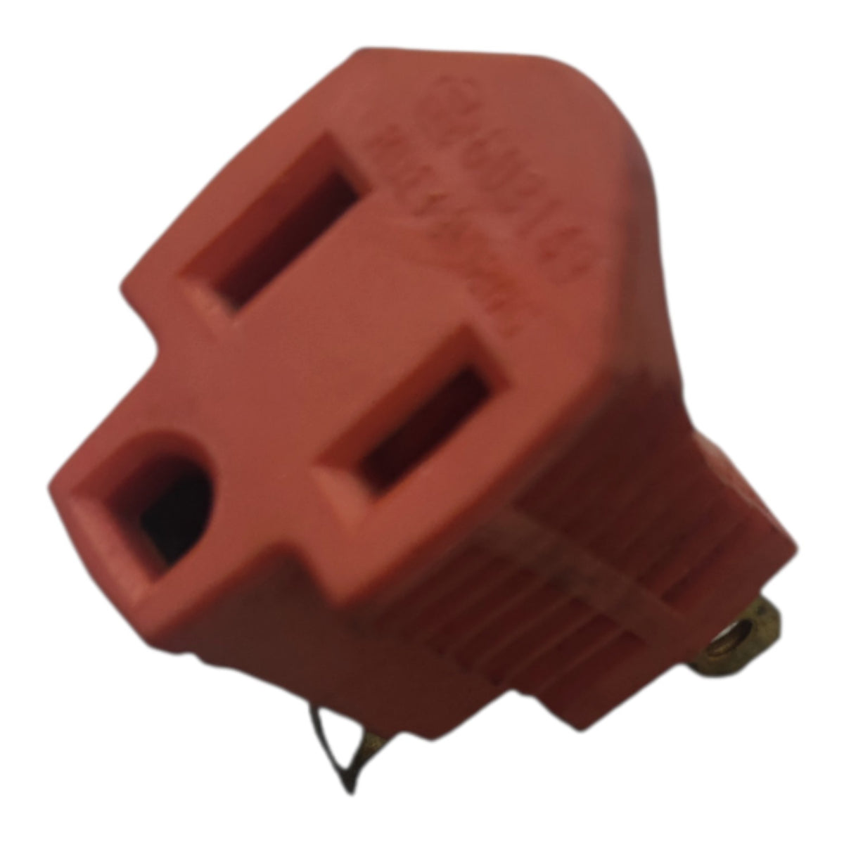 An orange-red plastic electrical outlet adapter with a grounding pin, shown on a plain white background.