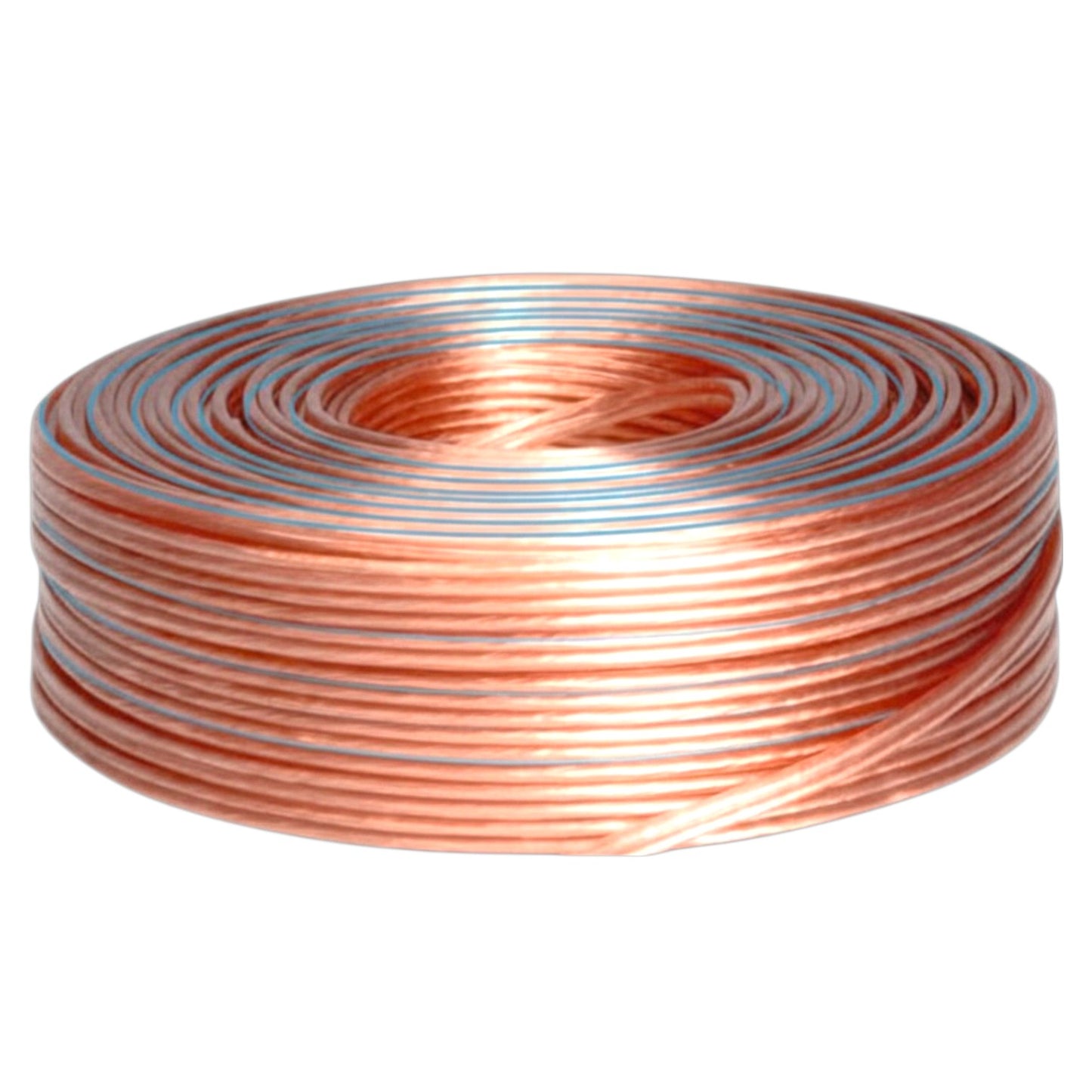 A coil of copper wire, showing its metallic copper-orange color, wound tightly on a white background.