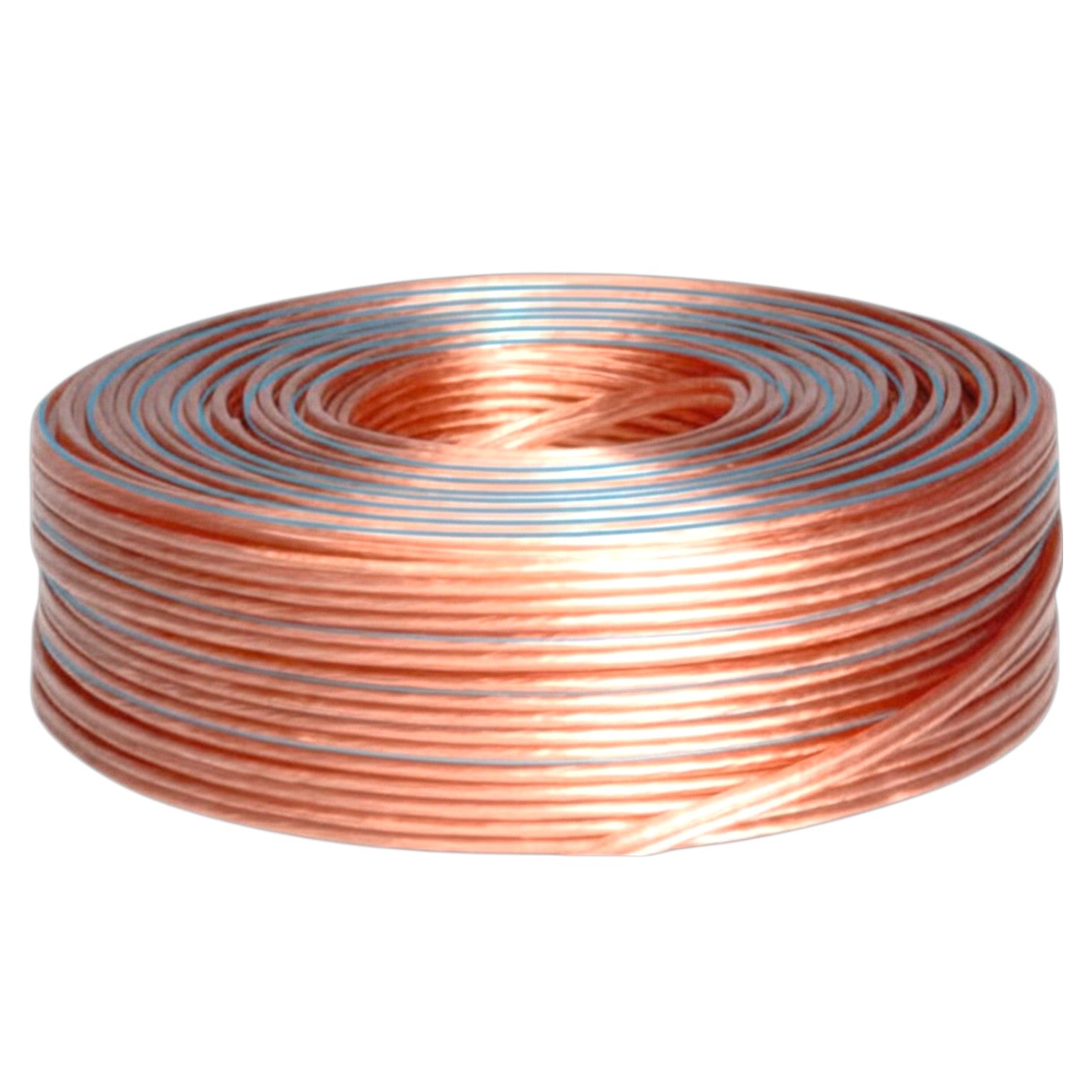 A coil of copper wire, showing its metallic copper-orange color, wound tightly on a white background.
