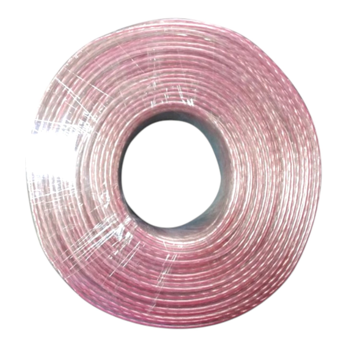 A coiled roll of pink wire or cable on a plain white background.