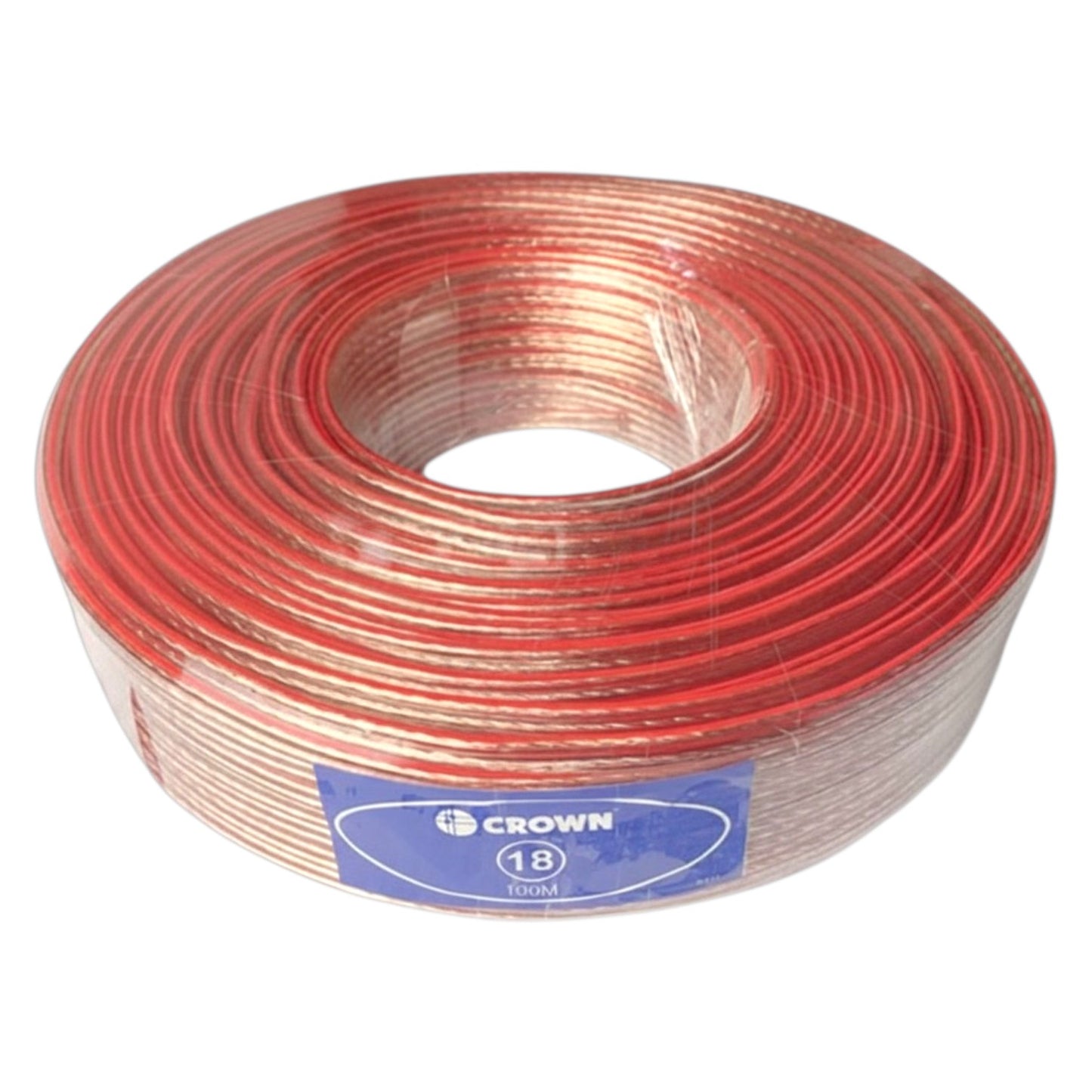 A spool of red electrical wire wrapped in clear protective plastic, featuring a blue and white 'CROWN' brand label, set against a plain white background.