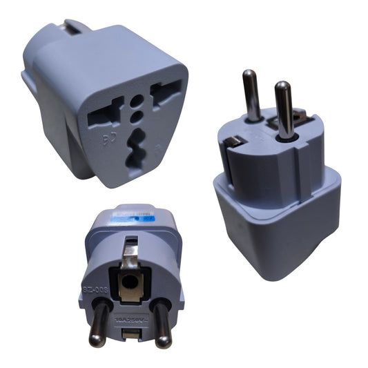Three views of a gray plastic plug adapter with metal pins, shown on a plain white background.