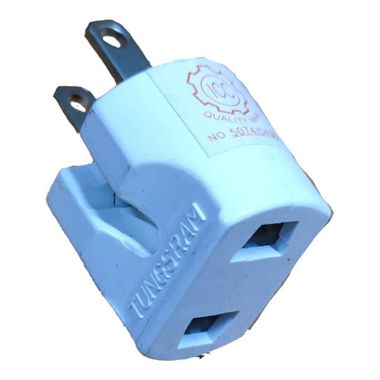 A light blue plastic UK three-pin wall plug adapter with metal pins, featuring embossed 'TUNGSTRAM' branding and a red printed quality seal on a white background.