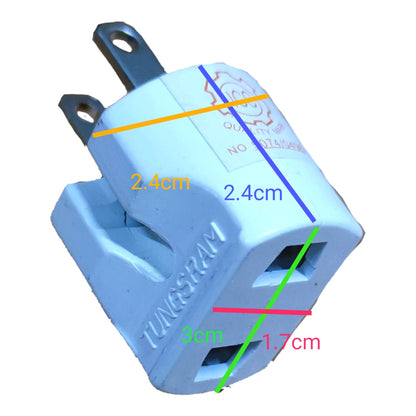 A light blue plastic plug adapter shown on a white background with colored measurement lines and text indicating dimensions of 2.4cm, 3cm, and 1.