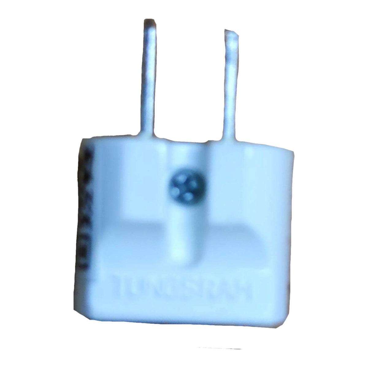 A white plastic two-pin wall plug adapter with a central screw and the word 'TUNGSTAN' molded on the front, isolated on a white background.
