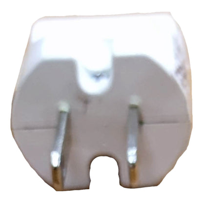 A white two-pin electrical plug with silver metal pins, shown against a plain white background.