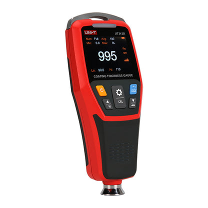 UNI-T UT343D coating thickness gauge angled view showing red and black housing and probe tip