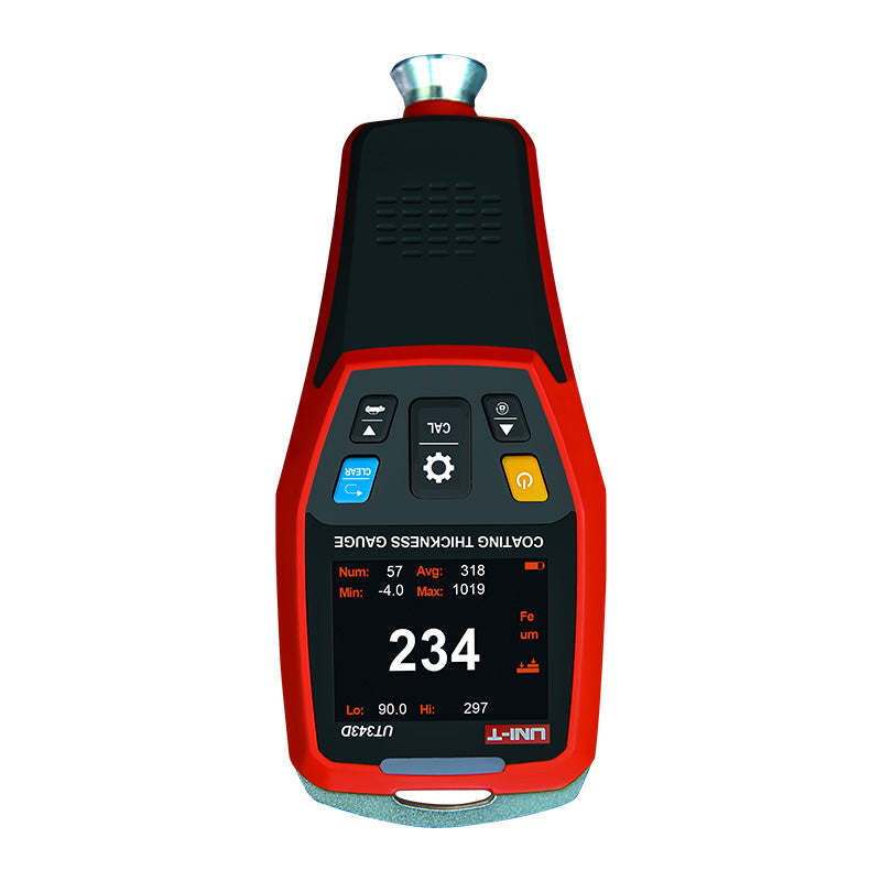 UNI-T UT343D coating thickness gauge top view showing control buttons and measurement probe