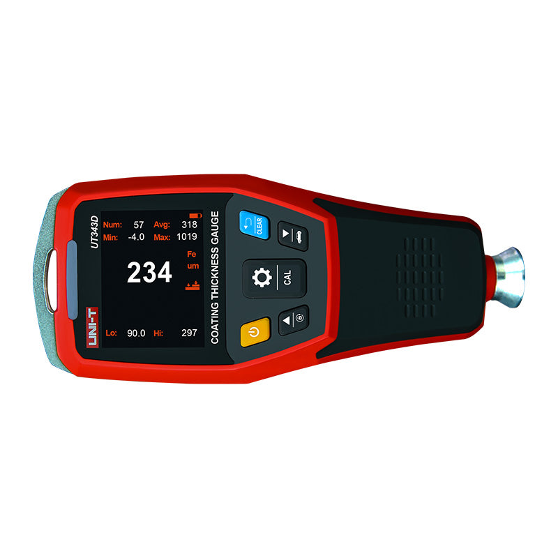 UNI-T UT343D coating thickness gauge side profile view showing probe tip and ventilation slots