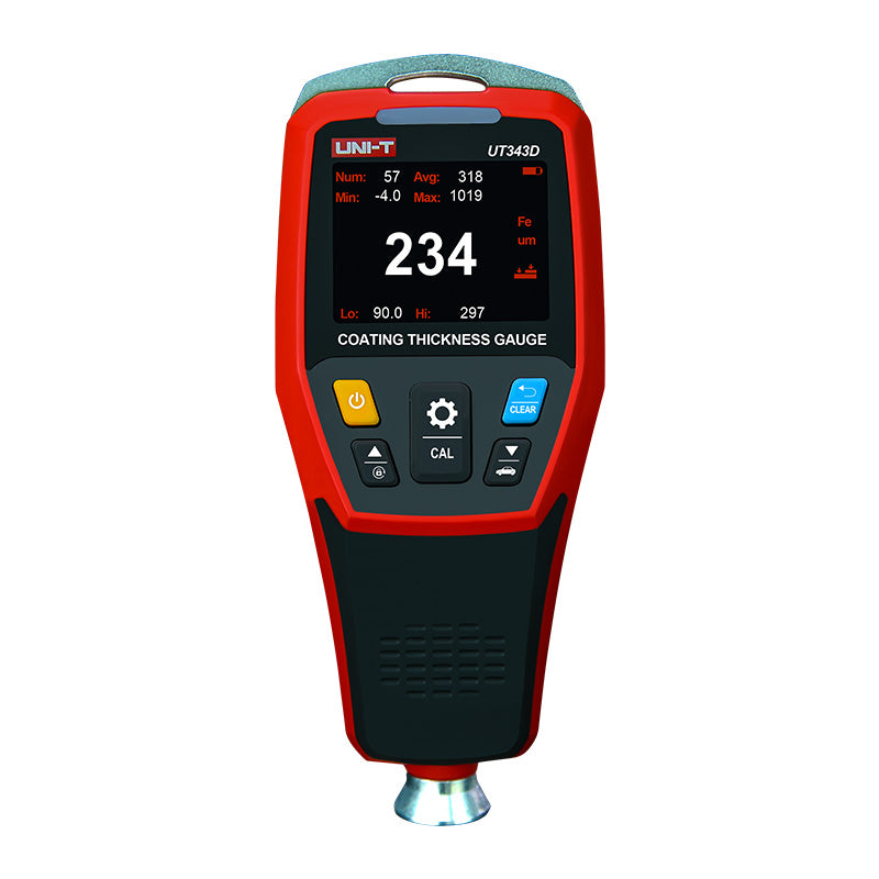 UNI-T UT343D coating thickness gauge front view showing digital display reading 234 micrometers on white background