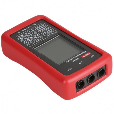 UNI-T UT261A phase sequence indicator angled top view showing red housing and LCD screen