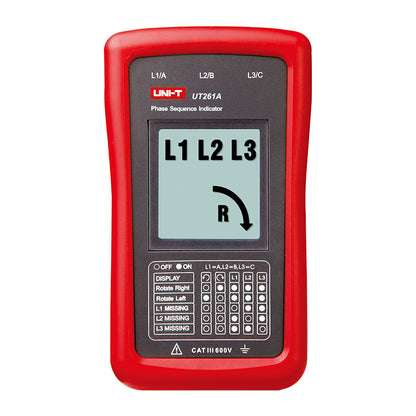 UNI-T UT261A phase sequence indicator front view showing LCD display with L1 L2 L3 phase sequence reading