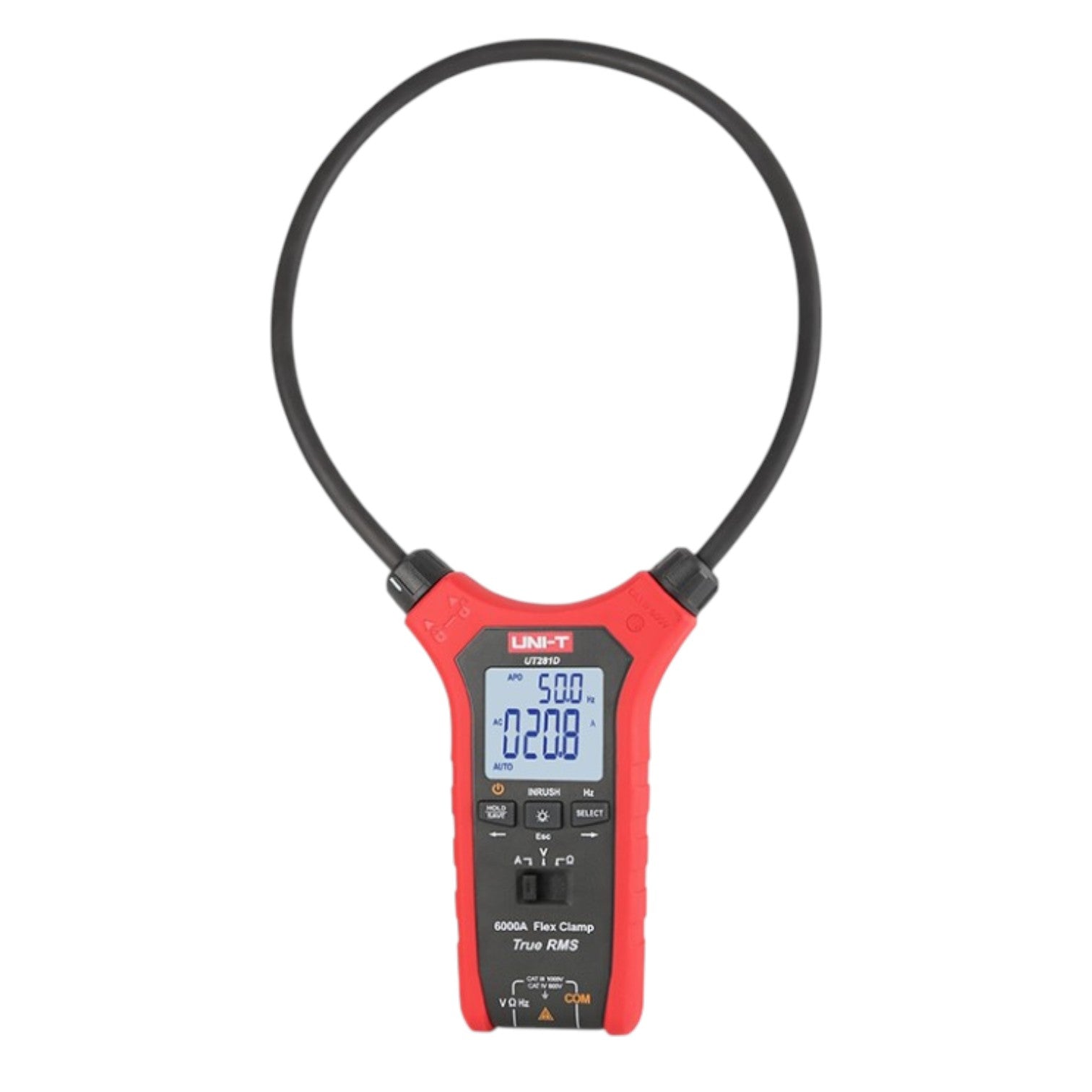 A UNI-T UT-318A True RMS Clamp Meter with a red and black plastic body, a flexible black loop clamp, and a digital LCD display screen, shown against a plain white background.