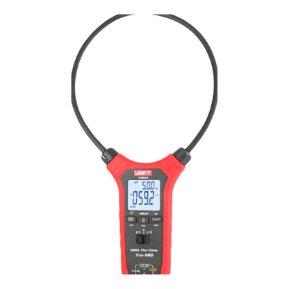 A handheld clamp meter with a red and black body, featuring a digital LCD screen and a flexible black probe loop, shown against a plain white background.
